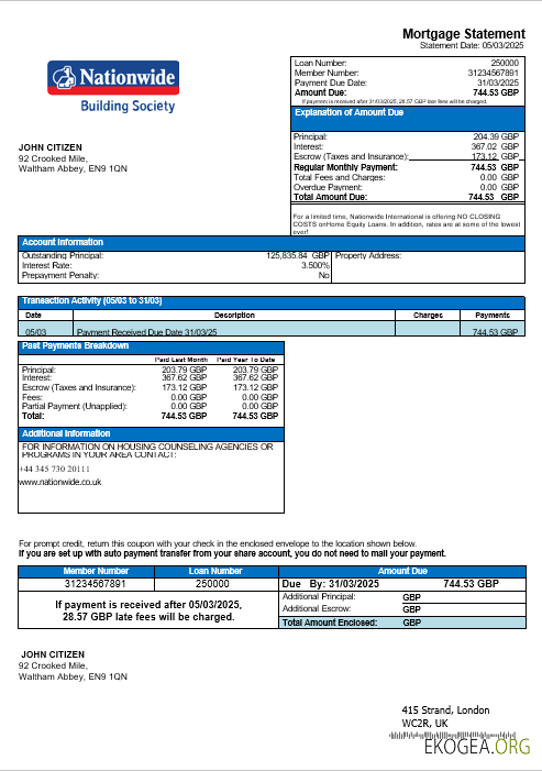 Royaume , Uni Relevé hypothécaire bancaire national aux formats Word et PDF